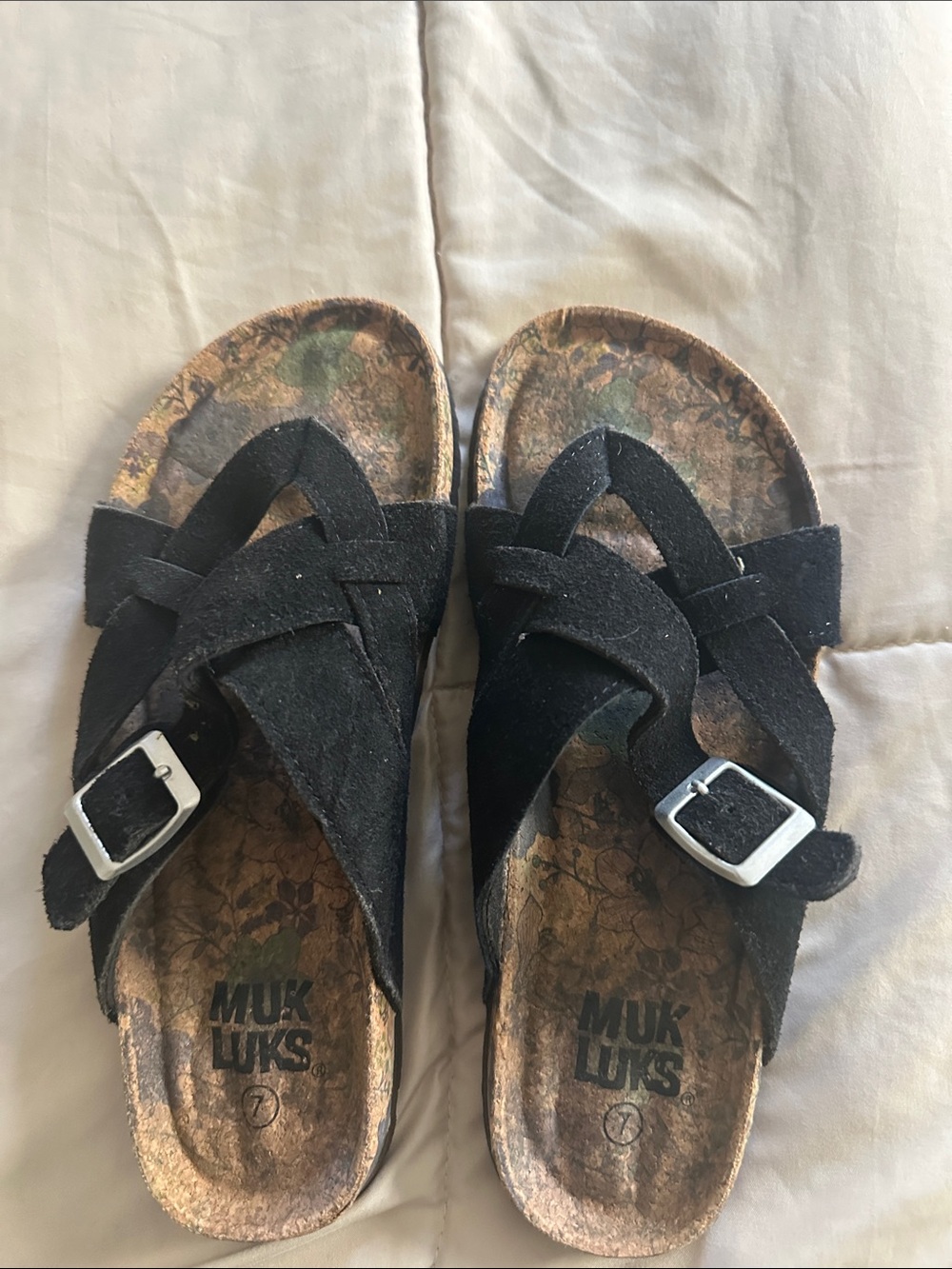 Muk Luks Black Suede Crossover Buckle Sandals